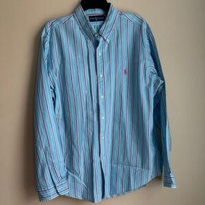 Ralph Lauren Men's Aqua,Pink, Navy, and White Striped Button Down Shirt